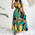 Fashionable Temperament Printed Waist Cinching Dress, Summer V-Neck Elegant Vacation Style Long Printed Dress for Women