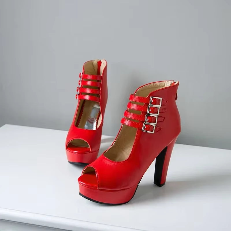 2025 Summer New Womens Ankle Boots Sandals High Quality PU Leather Buckle Strap Zip Stiletto Heels plus Size 35-46 Shoes