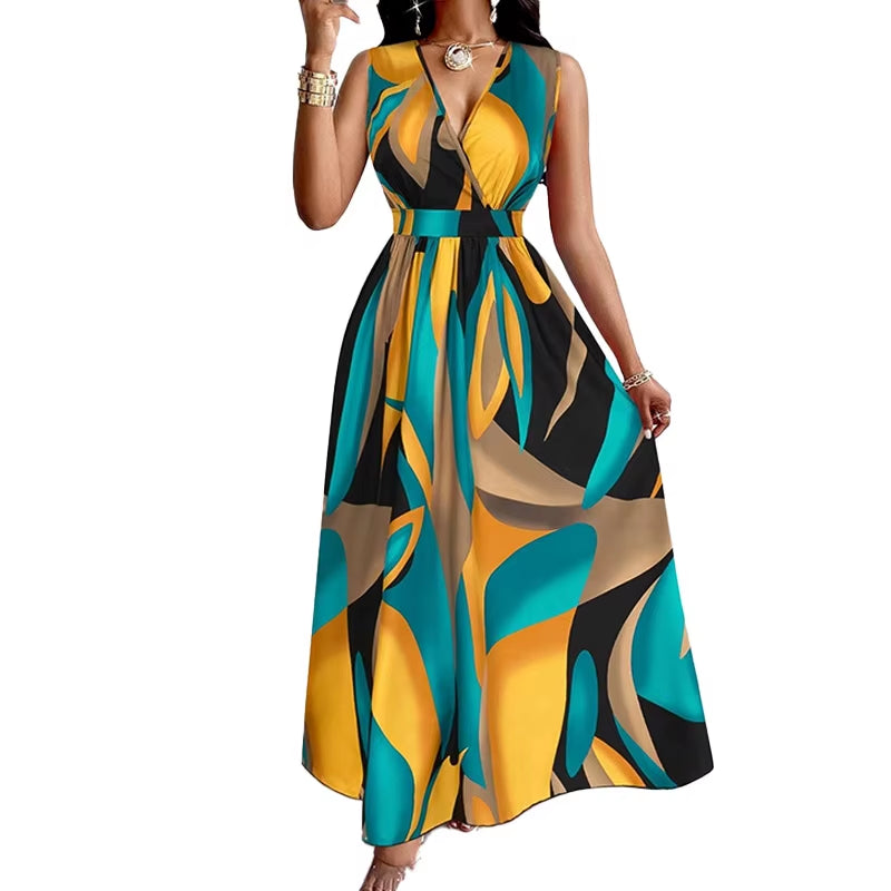 Fashionable Temperament Printed Waist Cinching Dress, Summer V-Neck Elegant Vacation Style Long Printed Dress for Women