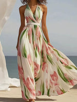 Summer Women'S V-Neck Fashionable Printed Vacation Style Long Suspender Dress 2025 Elegant Temperament Printed Long Dress