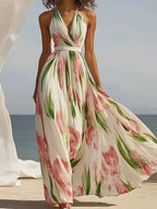 Summer Women'S V-Neck Fashionable Printed Vacation Style Long Suspender Dress 2025 Elegant Temperament Printed Long Dress