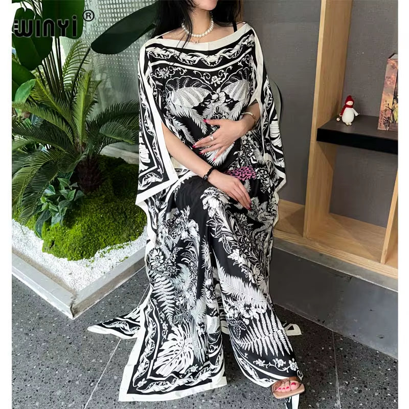 High Quality Summer Women Muslim Middle East Boho Popular Print Silk Kaftan Maxi Dress Beach Bohemian Printed Long Dress