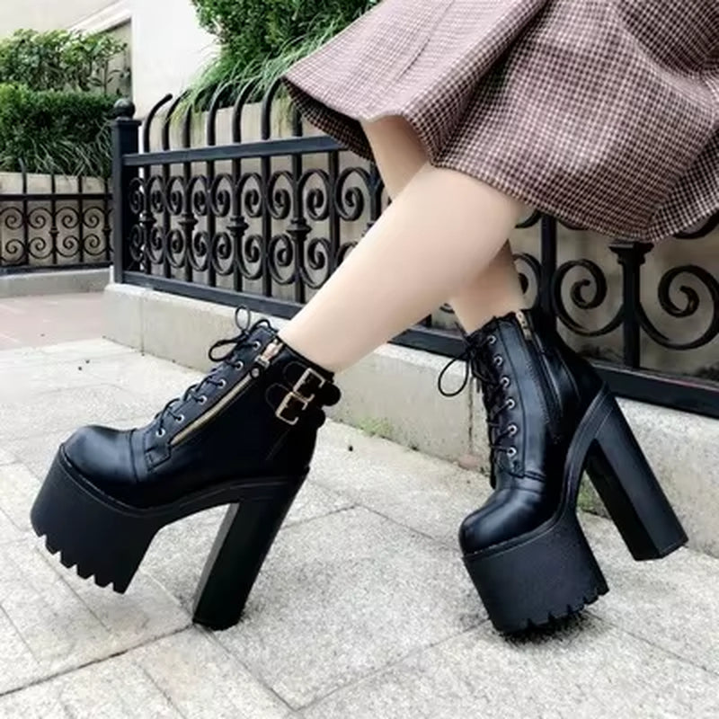 European and American Nightclub Sexy Ankle Boots 2025 Fall New 16 Cm Super High Heel Womens Boots Crude Heel Lace-Up Short Boots