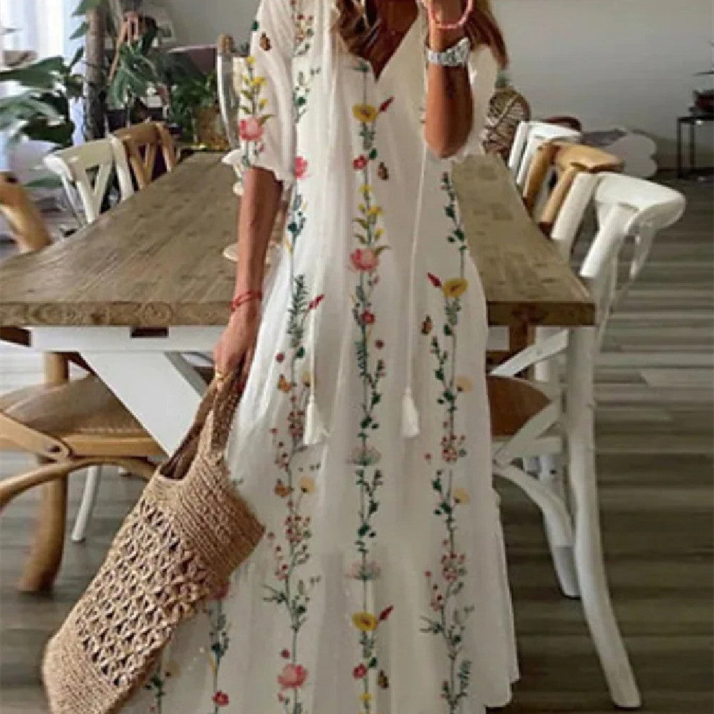 Women'S Printed Medium Sleeve Long Dress