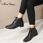 Womens Genuine Leather Brogue Boots Ankle High Fashion Lace up Oxford Booties Low Heel for Ladies Short Boots 068-65