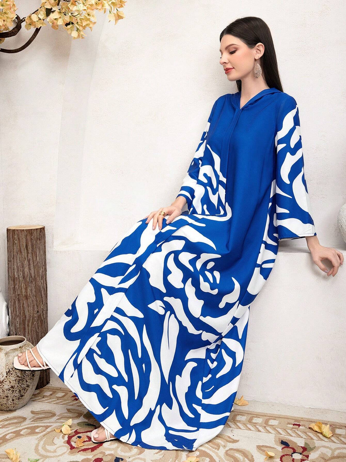 Mulvari Pattern Printed Hooded Modest Long Sleeve Dress