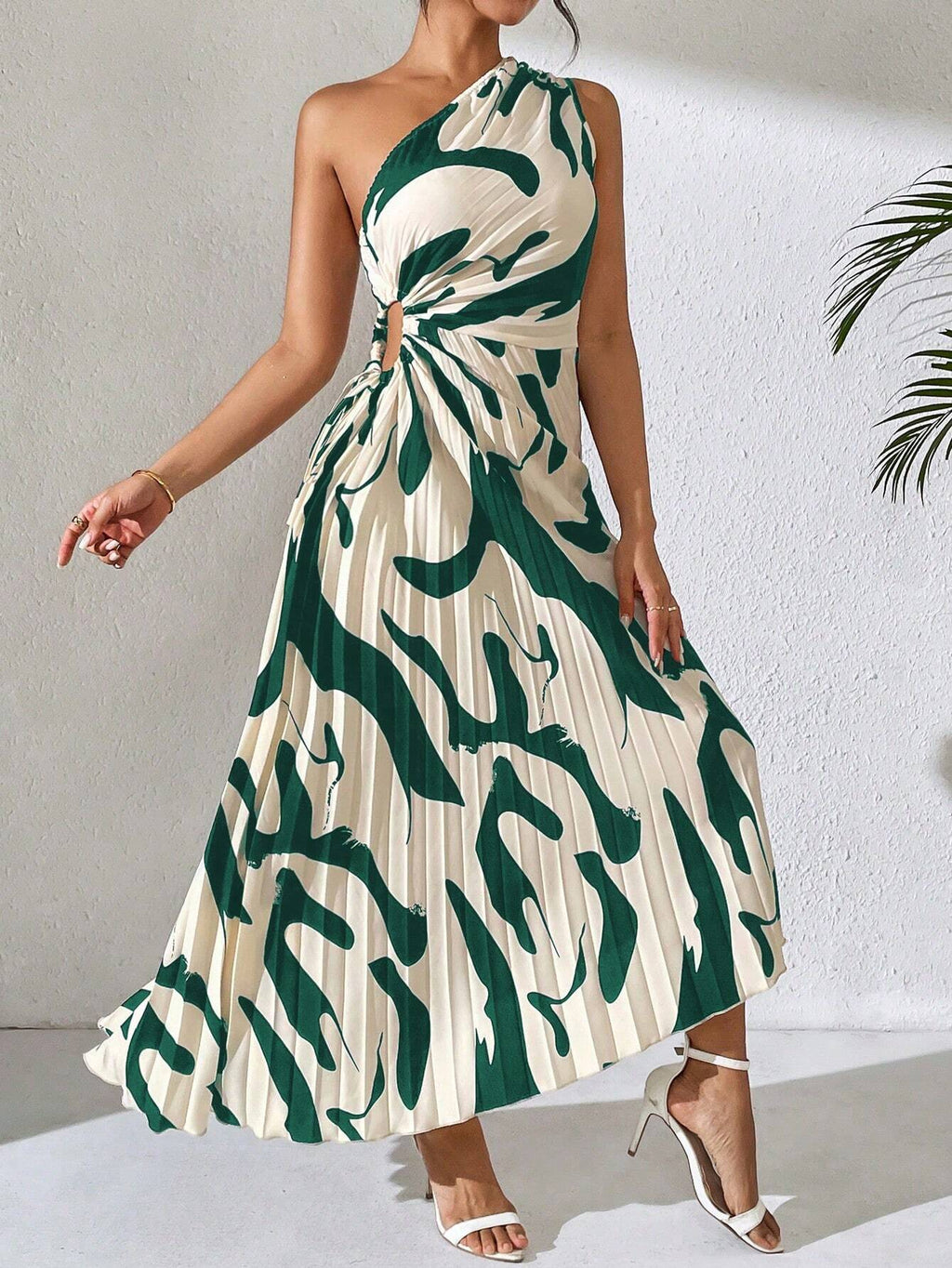Breezaya Summer Asymmetric Neckline Pleated Hollow Out Printed Long Dress Maxi Women Outfit